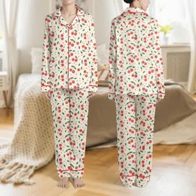 Cozy Fashion Lovers' Hand-Drawn Vintage Bright Red Cherry Forest Green Leaf Scattered Pattern on Cream Satin Pajamas Set