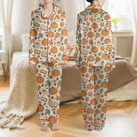 Autumn Lovers' Cozy Scattered Pattern with Orange Pumpkins, Green Leaves, Books, Coffee & Candles on Beige Satin Pajamas Set