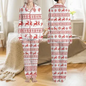 Family Christmas White Red Traditional Nordic Fair Isle Reindeer Snowflake Pattern Satin Pajamas Set