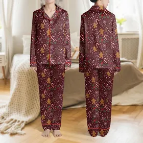 Family's Festive Deep Maroon Gingerbread Candy Cane Holly Berry Snowflake Illustrative Design Satin Pajamas Set