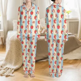 Women's Light Pastel Blue Cream Striped Whole Bitten Apple & Curly Peel Pattern Satin Pajamas Set