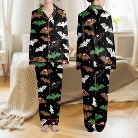 Spooky Holiday Lovers' Whimsical Gingerbread Bats, Red Santa Hats, Colorful String Lights, Starry Black Background Satin Pajamas Set