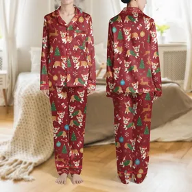 Corgi Lovers' Festive Family: Adorable Corgi Dogs in Santa Hats & Elf Costumes, with Green Trees, Teal Gold Ornaments, White Snowflakes on Deep Red Satin Pajamas Set