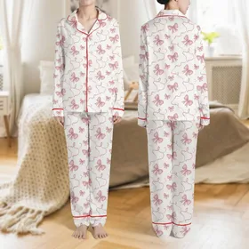 Women's Whimsical Hand-Drawn Muted Dusty Pink Bow & Ribbon All-Over Pattern on Off-White Satin Pajamas Set