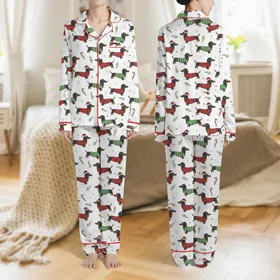 Dachshund Lovers' Whimsical Christmas Dachshund Pattern Sweaters Santa Hats Candy Canes Snowflakes Satin Pajamas Set