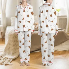 Women's Hand-Drawn Espresso Style Cocktail Glasses Pattern Warm Chocolate Brown & Cream Satin Pajamas Set