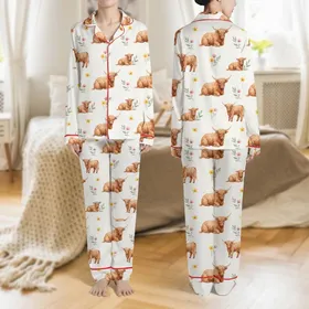 Cow Lovers' Watercolor Highland Cow & Calf Floral Tan Red-Brown Pink Yellow Sage Creamy Off-White Seamless Pattern Satin Pajamas Set