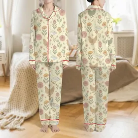 Nature & Farm Animal Enthusiasts' Vintage Hand-Drawn Farm Duck Goose Chicken Wildflower Butter Yellow Pattern Satin Pajamas Set
