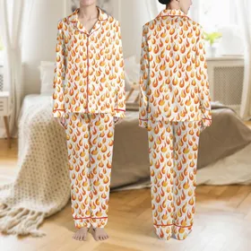 Women's Illustrative Dynamic Yellow Orange Red Flame Pattern on White with Light Grey Wavy Lines Satin Pajamas Set
