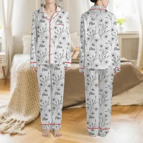 Women's Hand-Drawn Black Flax Flower Botanical Script Pattern on Heather Gray Satin Pajamas Set