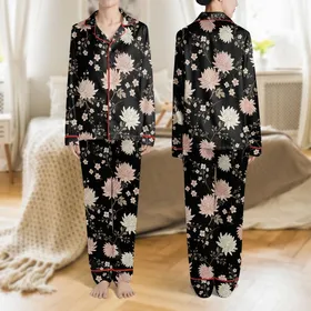Women's Elegant Deep Black Botanical Pattern with Blush Pink Cream Chrysanthemums and Foliage Satin Pajamas Set