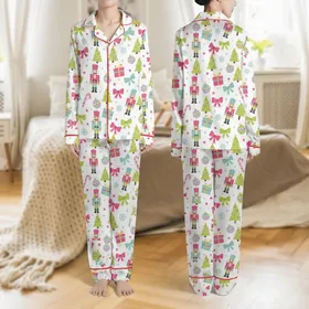 Women's Whimsical Nutcracker, Tree, & Candy Cane Pattern Fuchsia Pink, Aqua Blue, Lime Green Satin Pajamas Set