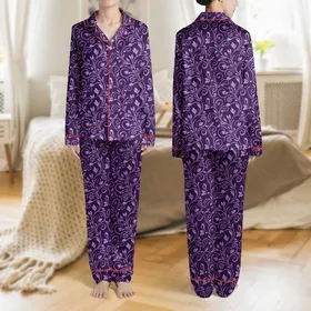Women's Elegant Deep Purple Lavender Abstract Organic Swirl Botanical Pattern Satin Pajamas Set