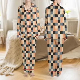 Women's Minimalist Flat Graphic Soft-Edged Organic Tessellating Pattern Muted Peach Beige Slate Gray Black Satin Pajamas Set