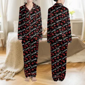 Women's Bold Black Red Lipstick Kiss Marks White Handwritten Curious Text Allover Pattern Satin Pajamas Set
