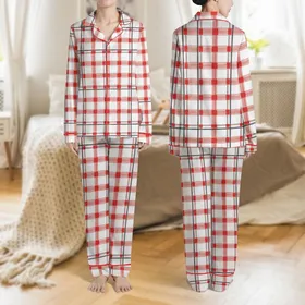 Women's Classic Interwoven White Black & Scarlet Red Tartan Plaid Grid Satin Pajamas Set