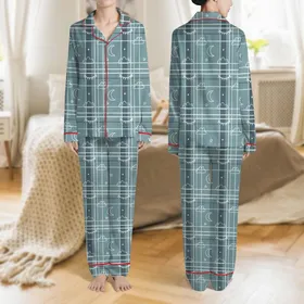 Women's Muted Teal-Blue Grey Tonal Plaid Whimsical White Outline Sleepy Eye Star Moon Design Satin Pajamas Set