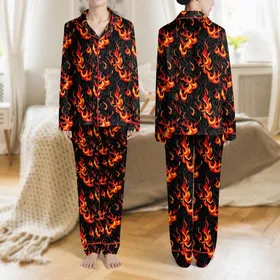 Women's Illustrative Vibrant Fiery Orange Red Yellow Swirling Flames on Deep Black Plush Abstract Satin Pajamas Set