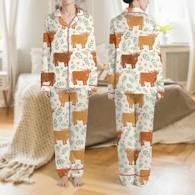 Women's Whimsical Highland Cow & Calf Pattern, Caramel Fur, Blush Floral Crowns, Cream Background Satin Pajamas Set