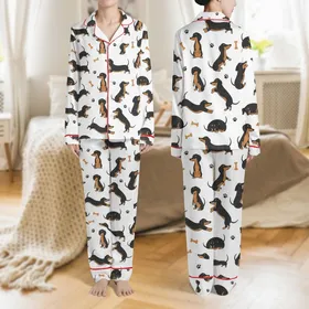 Dachshund Lovers' Playful Black & Tan-Orange Cartoon Dogs White All-Over Pattern Satin Pajamas Set