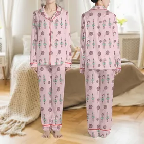 Women's Whimsical Light Pink Bright Pink Teal Candy Cane, Peppermint, & Lollipop Festive Pattern Satin Pajamas Set
