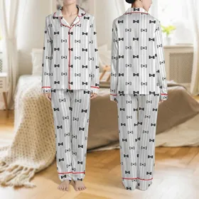 Women's Pure White Black Vertical Stripe Elegant Silhouette Bow Motif Delicate Ribbon Pattern Satin Pajamas Set