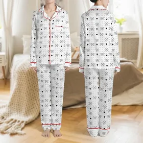 Women's Crisp White Black Polka Dot Delicate Bow Heart Graphic Satin Pajamas Set