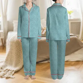Women's Desaturated Teal Tonal Geometric Interlocking Woven Texture Pattern Satin Pajamas Set