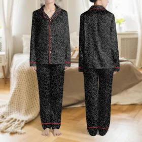 Women's Minimalist Abstract Organic Line Pattern Monochromatic Black Charcoal Gray Tone-on-Tone Vector Art Satin Pajamas Set