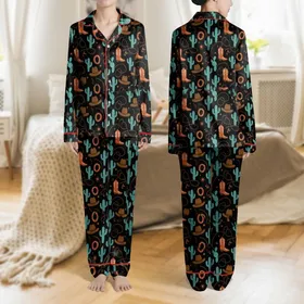 Women's Vintage Western Cowboy Boots Cactus Horseshoe Ropes Rustic Orange Teal Black Illustrative Pattern Satin Pajamas Set