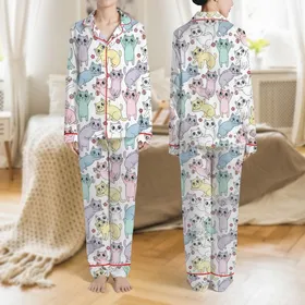 Women's Whimsical Pastel Purple Pink Sky Blue Cartoon Cat Repeating Pattern Turquoise Eyes Yarn Balls Satin Pajamas Set