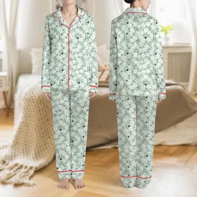Women's Soft Mint Green Flat Illustrative Delicate White Blossom & Muted Green Leaf Pattern with Subtle Black Butterflies Satin Pajamas Set
