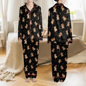 Women's Whimsical Cartoon Teddy Bear Pattern Warm Brown Tan Deep Black Hearts Gold Dots Stars Satin Pajamas Set