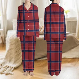 Women's Classic Tartan Plaid Vivid Red Deep Navy Blue Crisp White Geometric Grid Satin Pajamas Set