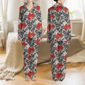 Women's Romantic Black Lace Crimson Rose White Pearl Gold Filigree Tapestry Satin Pajamas Set