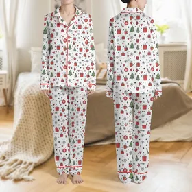 Women's Whimsical Red Green Black White Christmas Tree Gift Box Ornament Snowflake Candy Cane Motif Satin Pajamas Set