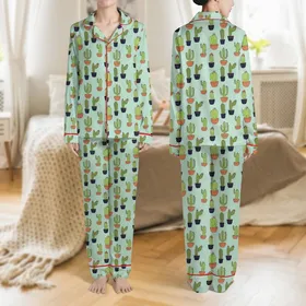 Women's Whimsical Hand-Drawn Mint Green Potted Cactus Seamless Repeat Pattern, Lime Olive Cacti, Pink Orange Accents Satin Pajamas Set