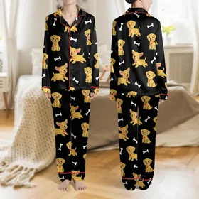Women's Playful Golden Yellow Labrador Puppy & White Bone Black Seamless Pattern Satin Pajamas Set