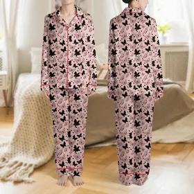 Women's Muted Rose Pink Black Butterfly Silhouette & Delicate Line Art Pattern with Hearts Satin Pajamas Set