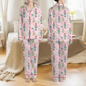 Women's Whimsical Pink Bubblegum Christmas Nutcracker Tree Teal Mint Fuchsia Pattern Satin Pajamas Set