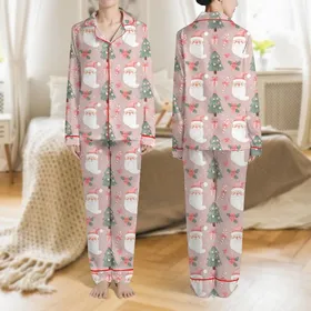 Women's Whimsical Pale Pink Vintage Christmas Santa Tree Candy Cane Holly Pattern Satin Pajamas Set