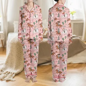 Women's Whimsical Cowgirls & Galloping Horses Bubblegum Pink Western Pattern with Emerald Cacti & Colorful Boots Satin Pajamas Set
