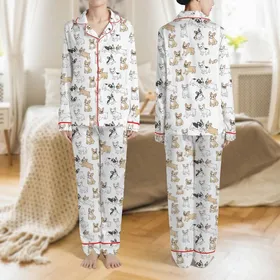 Women's Playful French Bulldog Hand-Drawn Cartoon Black Outline White Background Scatter Pattern Satin Pajamas Set