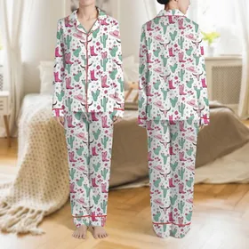 Women's Whimsical Western Desert Pattern: Hot Pink Boots, Teal Cacti, Blush Hats, Steer Skulls Satin Pajamas Set