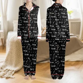 Women's White On Black Brush Script & Sans-Serif TO-DO List Pattern with Checkmarks Satin Pajamas Set