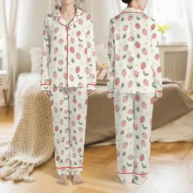 Women's Whimsical Pastel Pink Strawberry Blossom Creamy Off-White Botanical Pattern Satin Pajamas Set