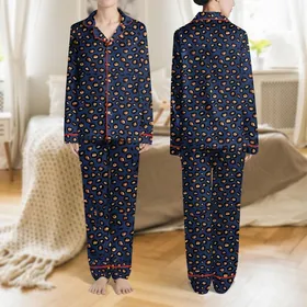 Style Seekers' Deep Navy Classic Leopard Spot Tan Brown Black All-Over Design Satin Pajamas Set