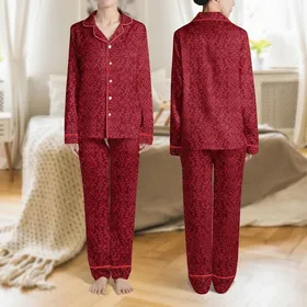 Women's Deep Cardinal Ruby Red Tone-on-Tone Abstract Animal Spot Curvilinear Pattern Satin Pajamas Set