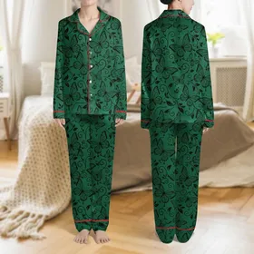 Women's Deep Emerald Green Black Lace Butterfly Floral Vine Repeat Pattern Satin Pajamas Set