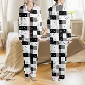 Dreamer's Bold Black White Plaid Whimsical Sleep Pattern with Crescent Moons and Stars Satin Pajamas Set
